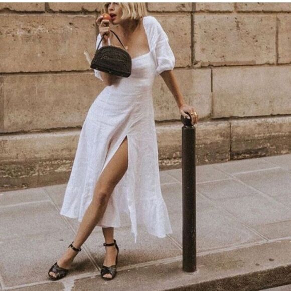 Reformation Belgium Linen Midi Dress 2 White Classic French Causal Wedding Chic - Picture 1 of 15